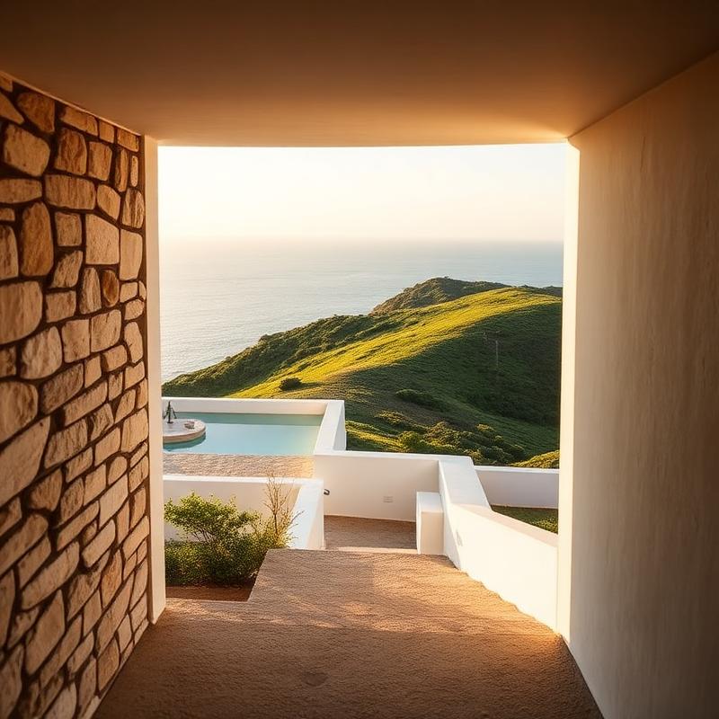 Contemporary Madeiran house with stone walls above the Atlantic. AI-generated image.