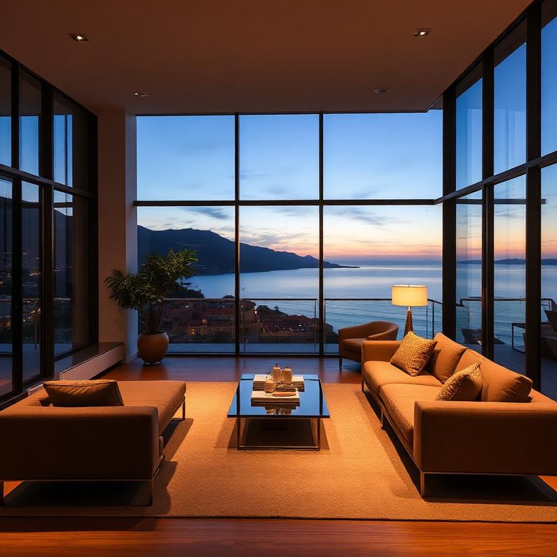 Apartment interior in Funchal with a panoramic view over the bay at dusk. AI-generated image.