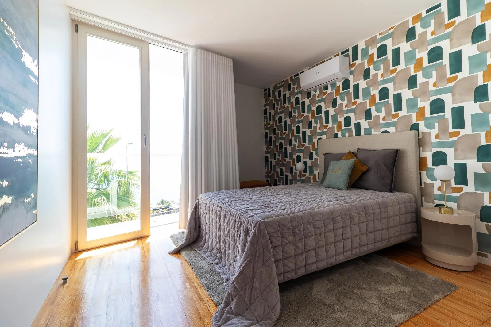 Bedroom with green patterned wall and terrace door, Casa Branca, Funchal