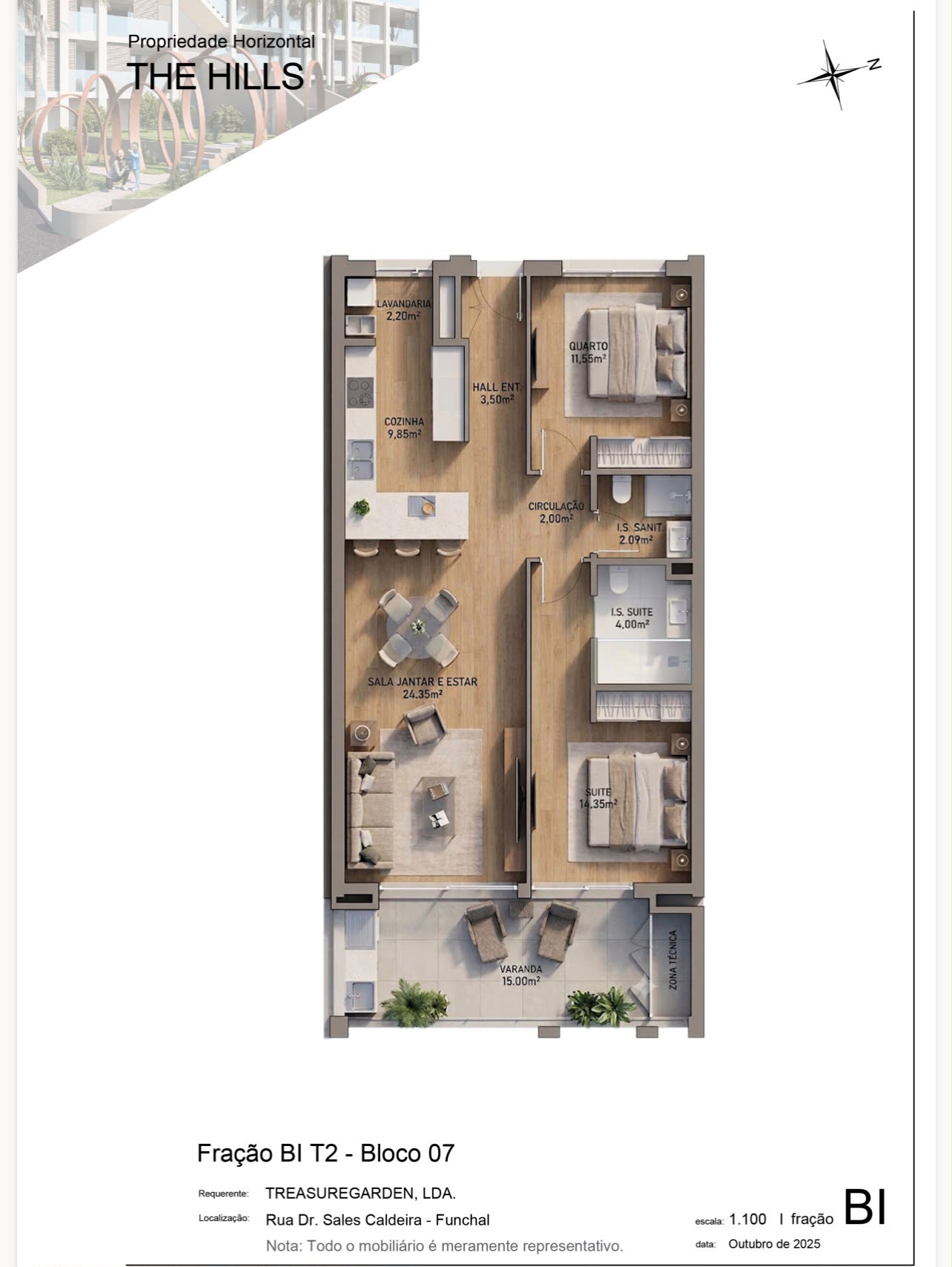 Floor plan of Fração BI T2, Bloco 07, The Hills, Funchal, with room dimensions