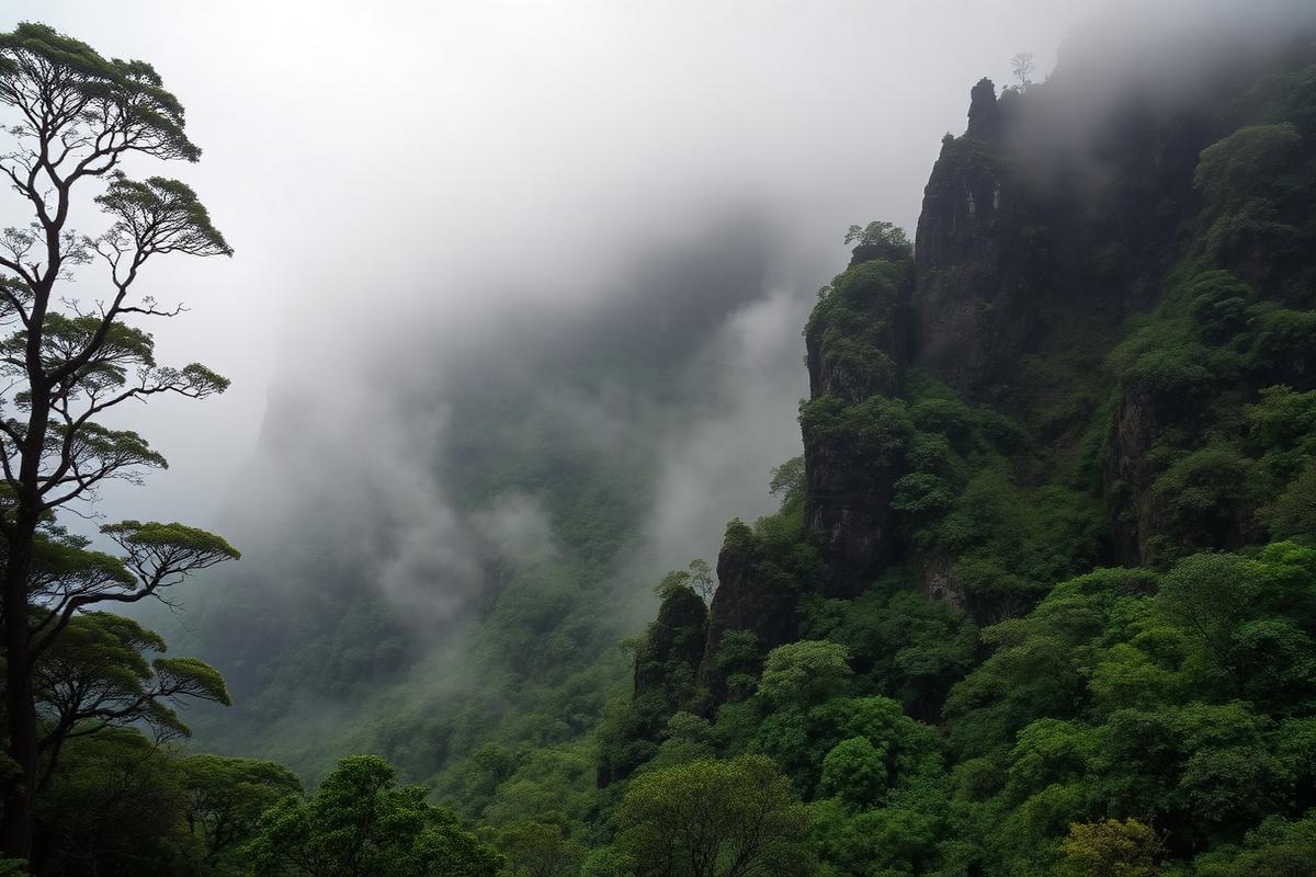 Lorbeerwald und vulkanisches Gestein über dem Atlantik auf Madeira. KI-generiertes Bild.