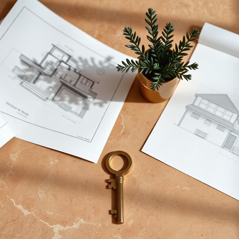 Architectural plans and a brass key on a desk in Funchal, Madeira. AI-generated image.